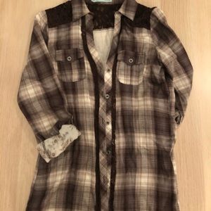 Brown plaid and lace button up cotton flannel
